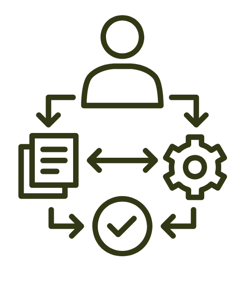 A drawing a person, files and a cog with directional arrows