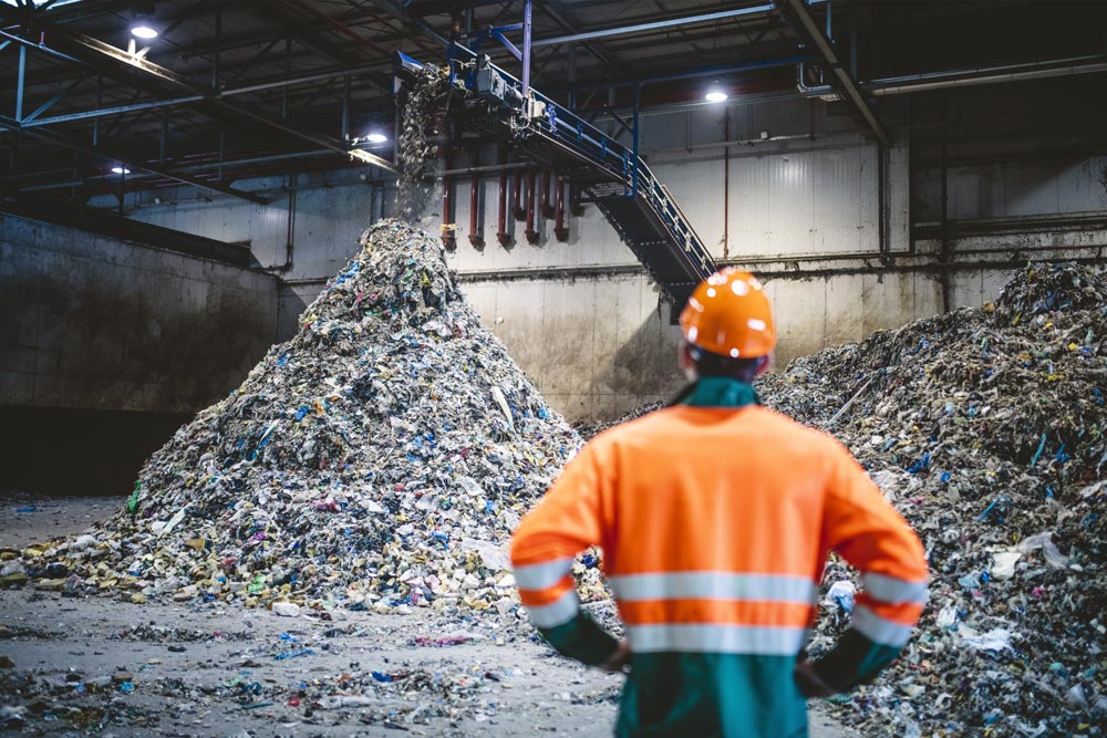 Man with safety hat and hi-vis looking at recyling pile